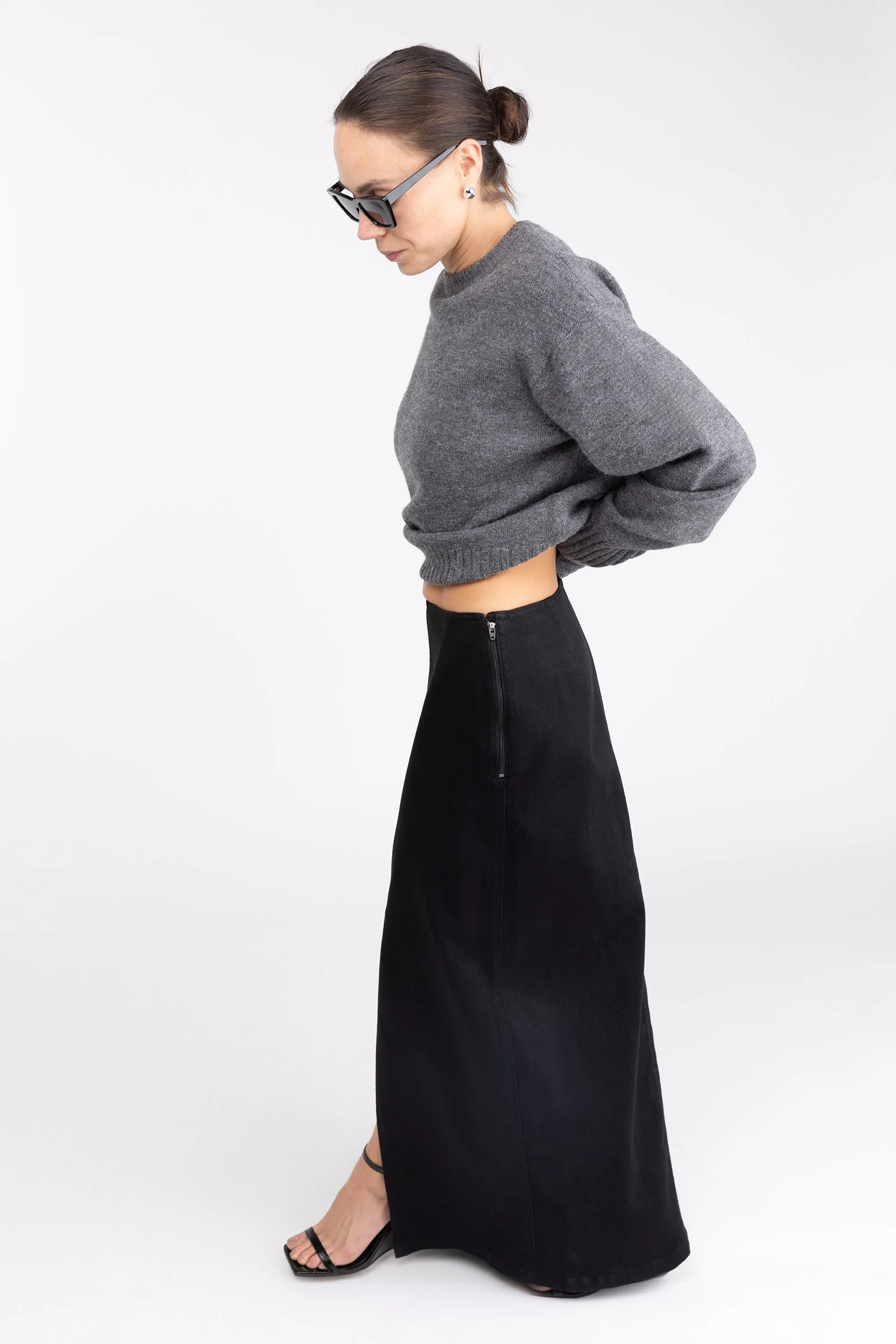 BLACK DENIM COLUMN MAXI SKIRT