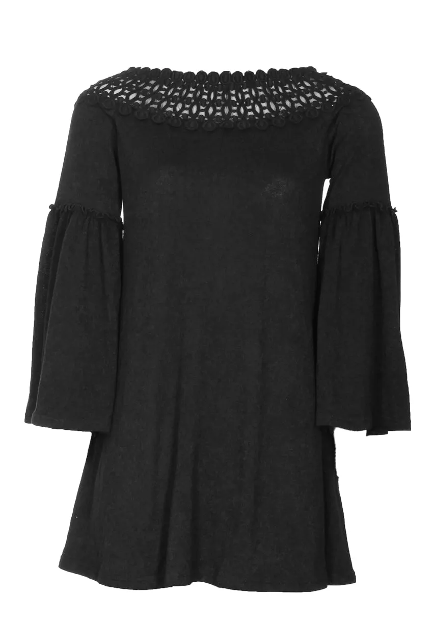 Black Flared Sleeve Swing Dress