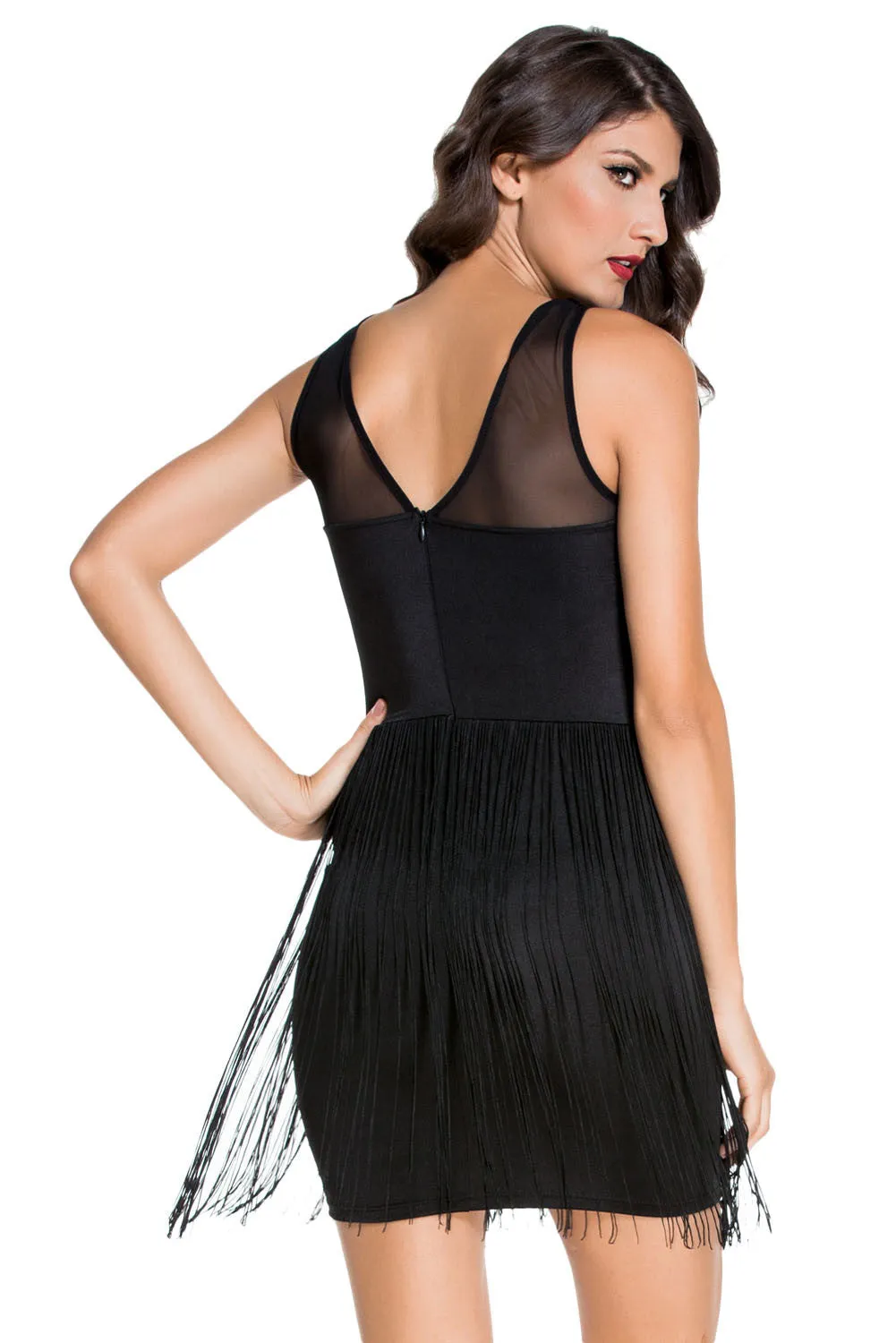 Black Fringe Mesh Dress