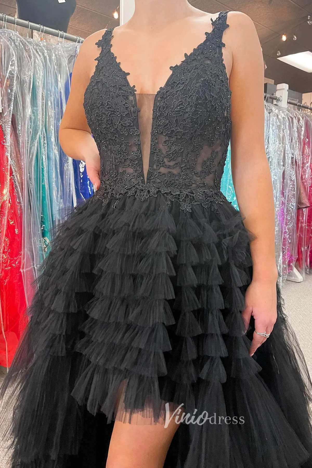 Black High-Low Ruffled Prom Dress with Plunging V-Neck and Lace Applique FD3483