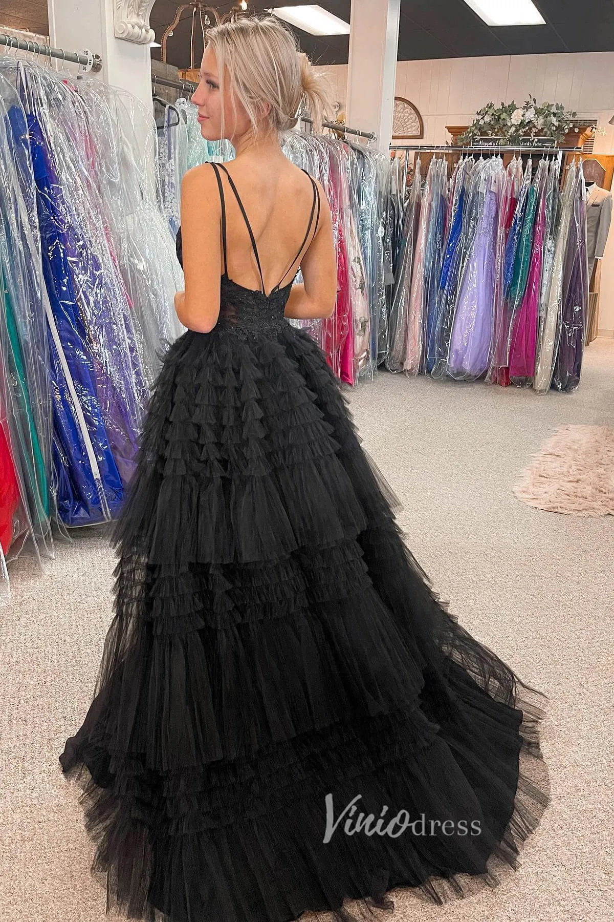 Black High-Low Ruffled Prom Dress with Plunging V-Neck and Lace Applique FD3483