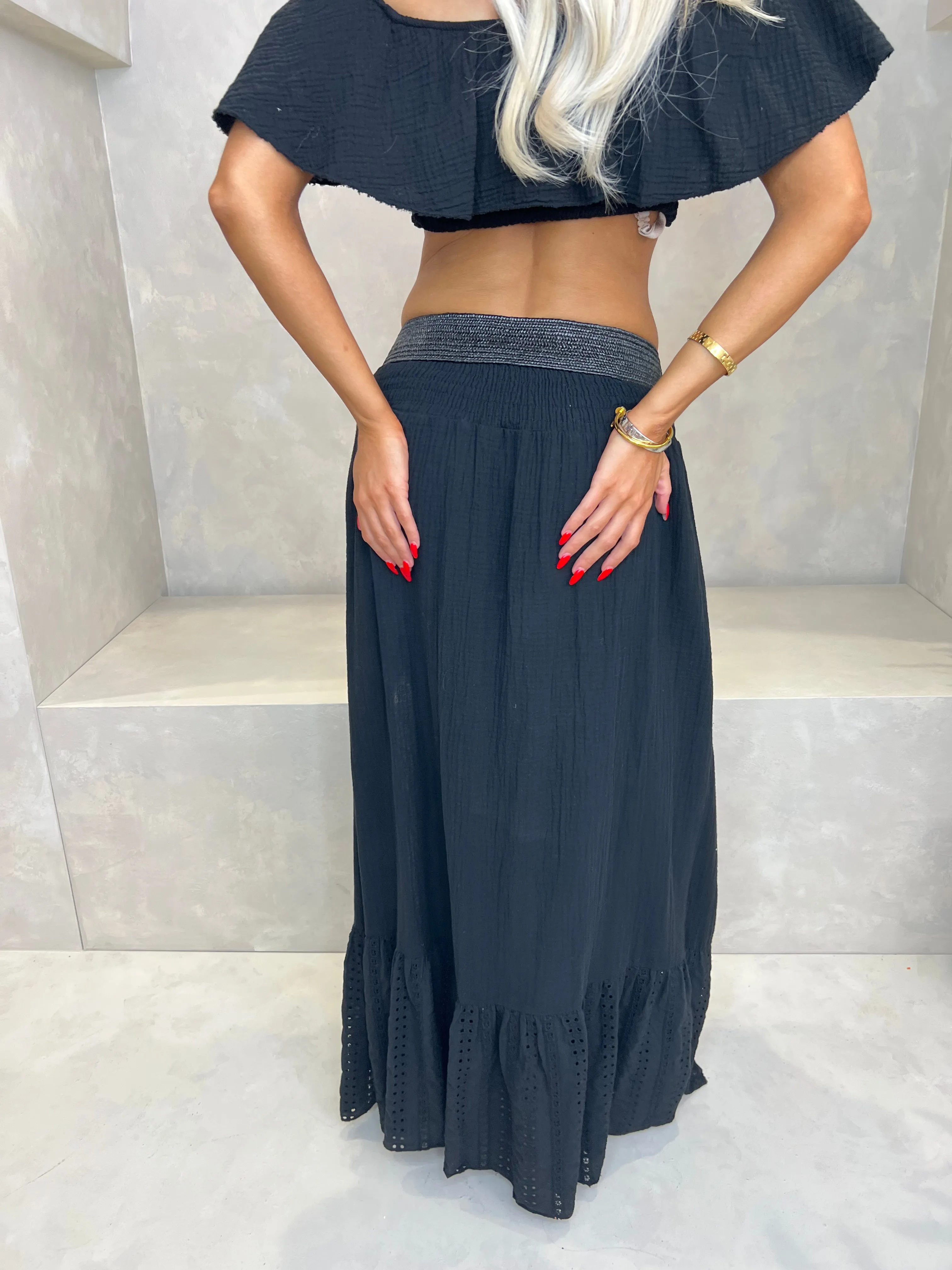 Black Santorini Broderie Anglaise Frilled Hem Maxi Skirt