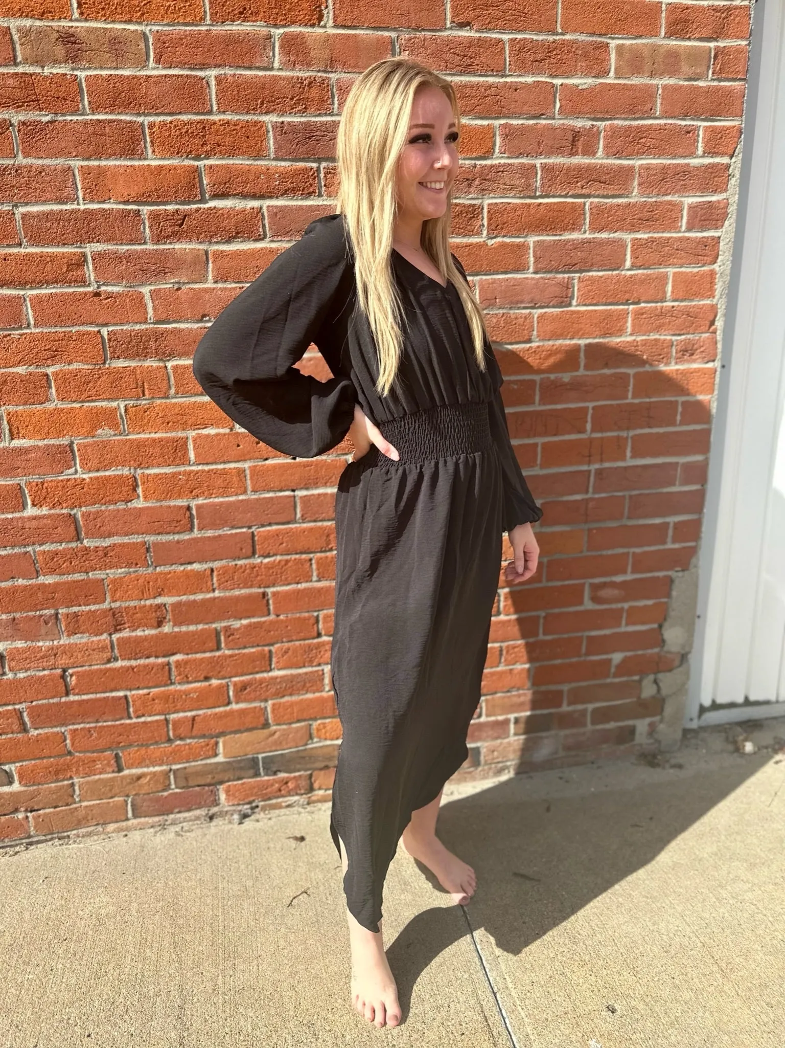 Black Smocked Waist Dress