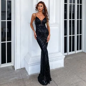 Black Spaghetti Strap Backless Bandage Sequin Maxi Evening Dresses