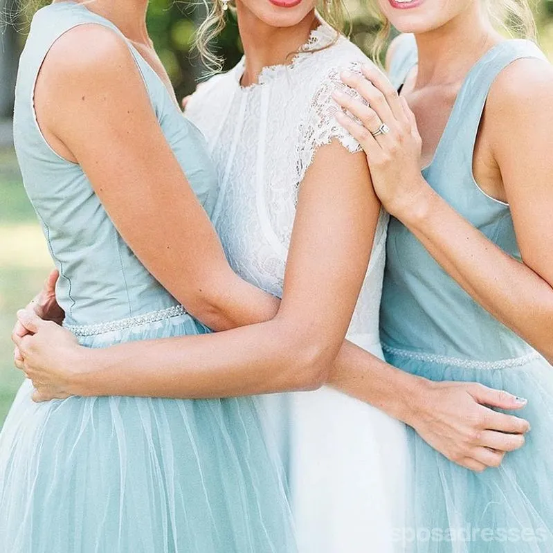 Blue Tulle A-line Sleeveless Cheap Short Bridesmaid Dresses Online, WG799