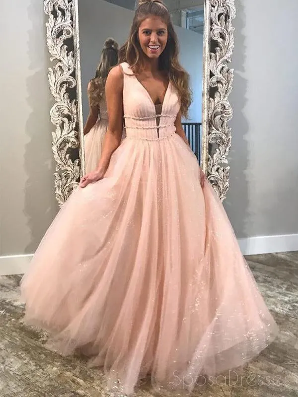 Sparkling Blush Pink A-Line Evening Dress with V-Neck and Straps - Long Tulle Prom Dress (Style 17562)