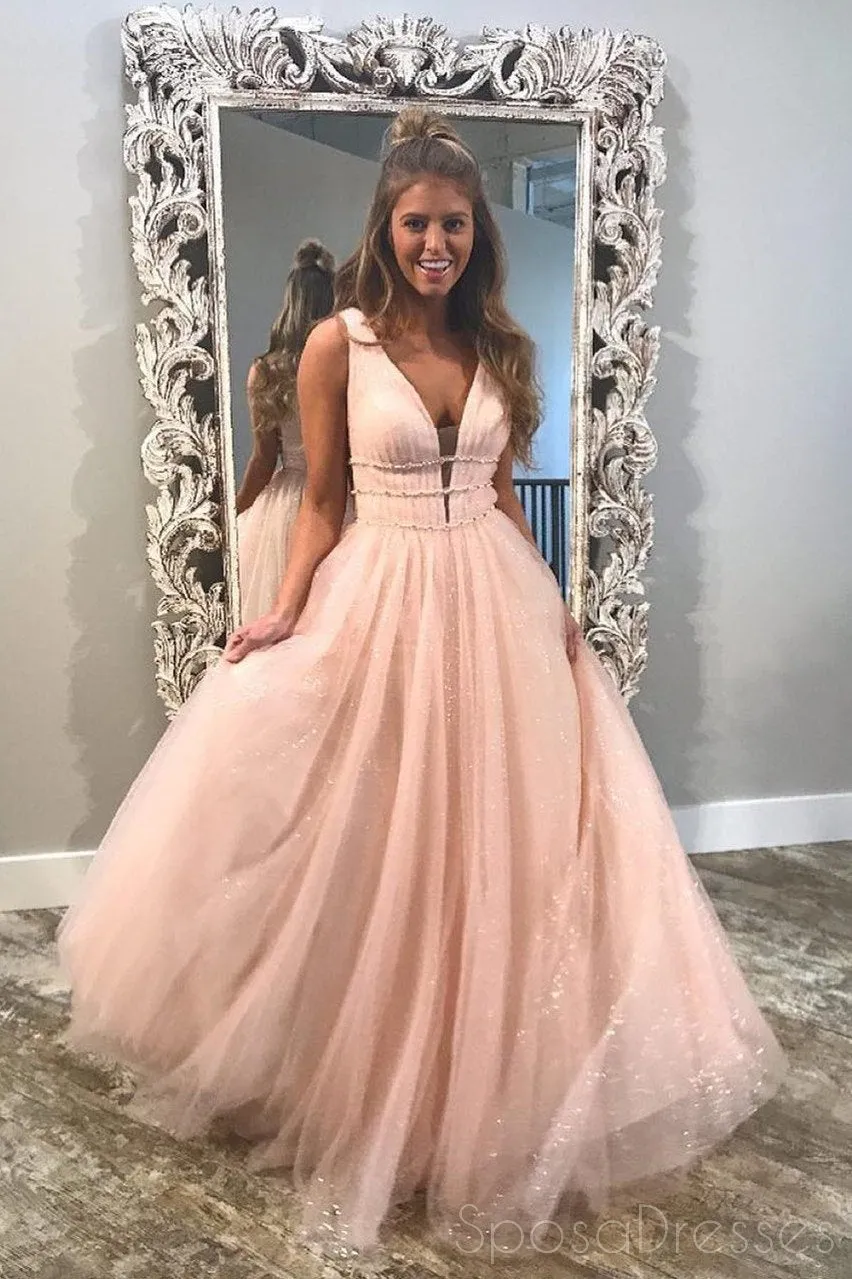 Sparkling Blush Pink A-Line Evening Dress with V-Neck and Straps - Long Tulle Prom Dress (Style 17562)