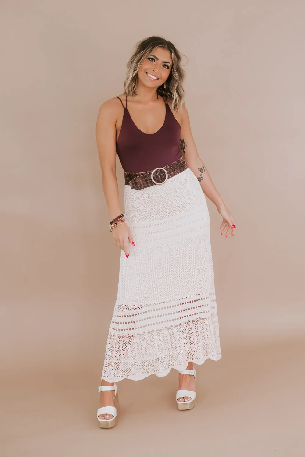 Boho Crochet Woven Maxi Skirt, Khaki