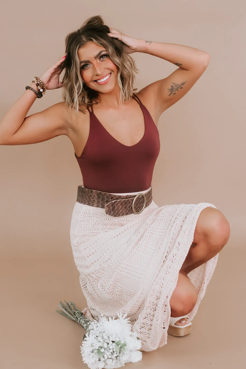 Boho Crochet Woven Maxi Skirt, Khaki