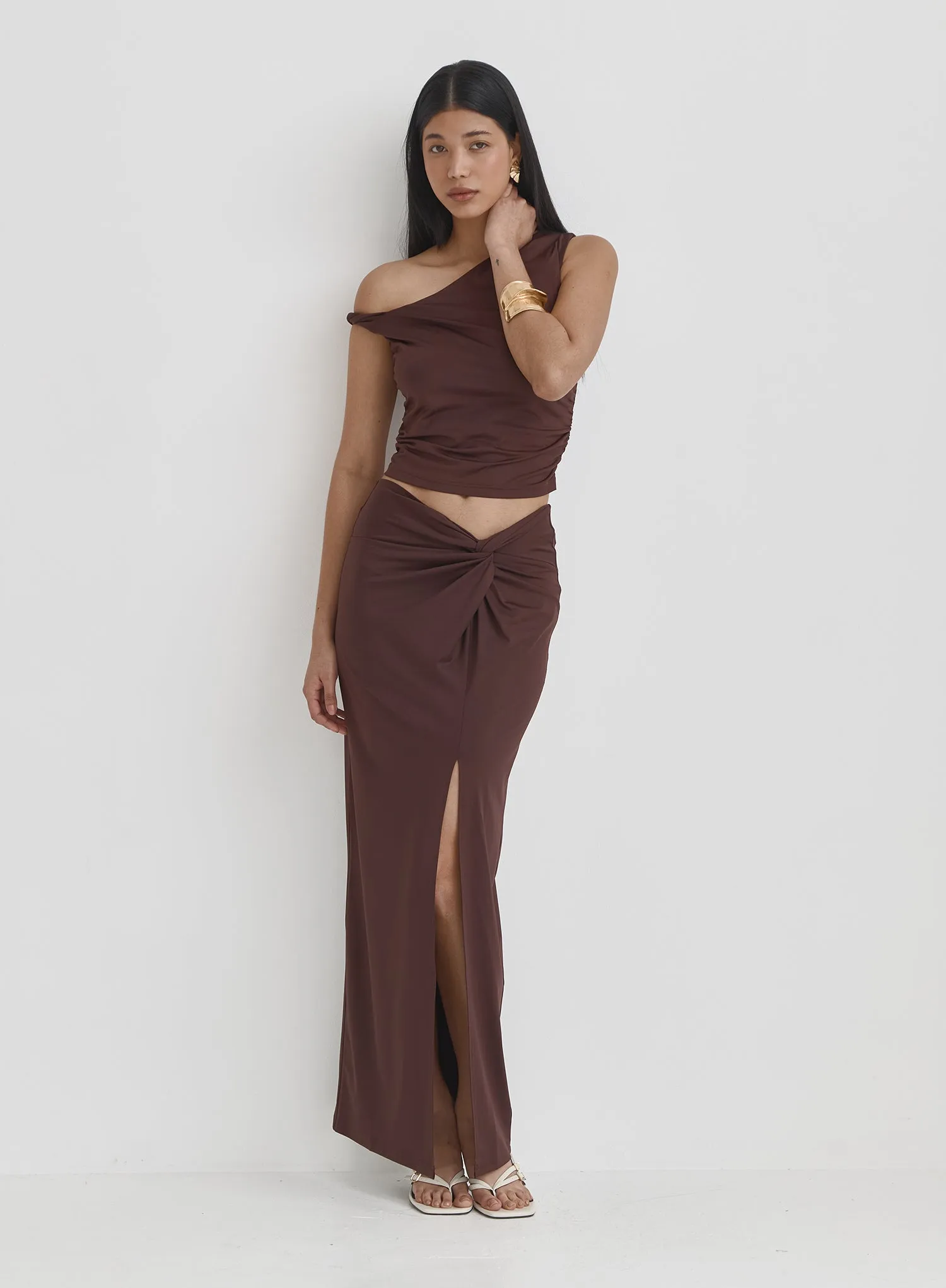 Brown Gather Detail Maxi Skirt- Noemi