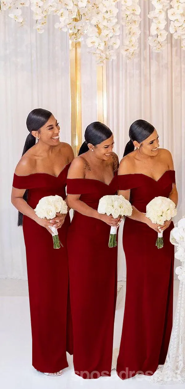 Burgundy Mermaid Off the Shoulder High Slit V-neck Bridesmaid Dresses Gown, WG1031