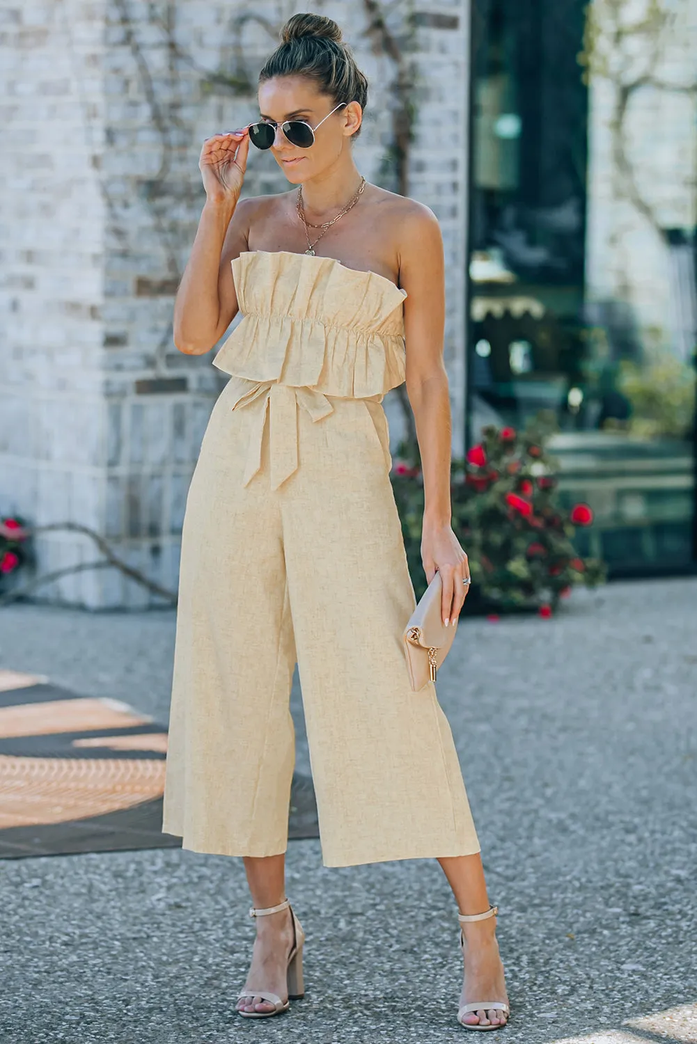 CELINE Ruffled Strapless Wide Leg Casual Jumpsuit Womens