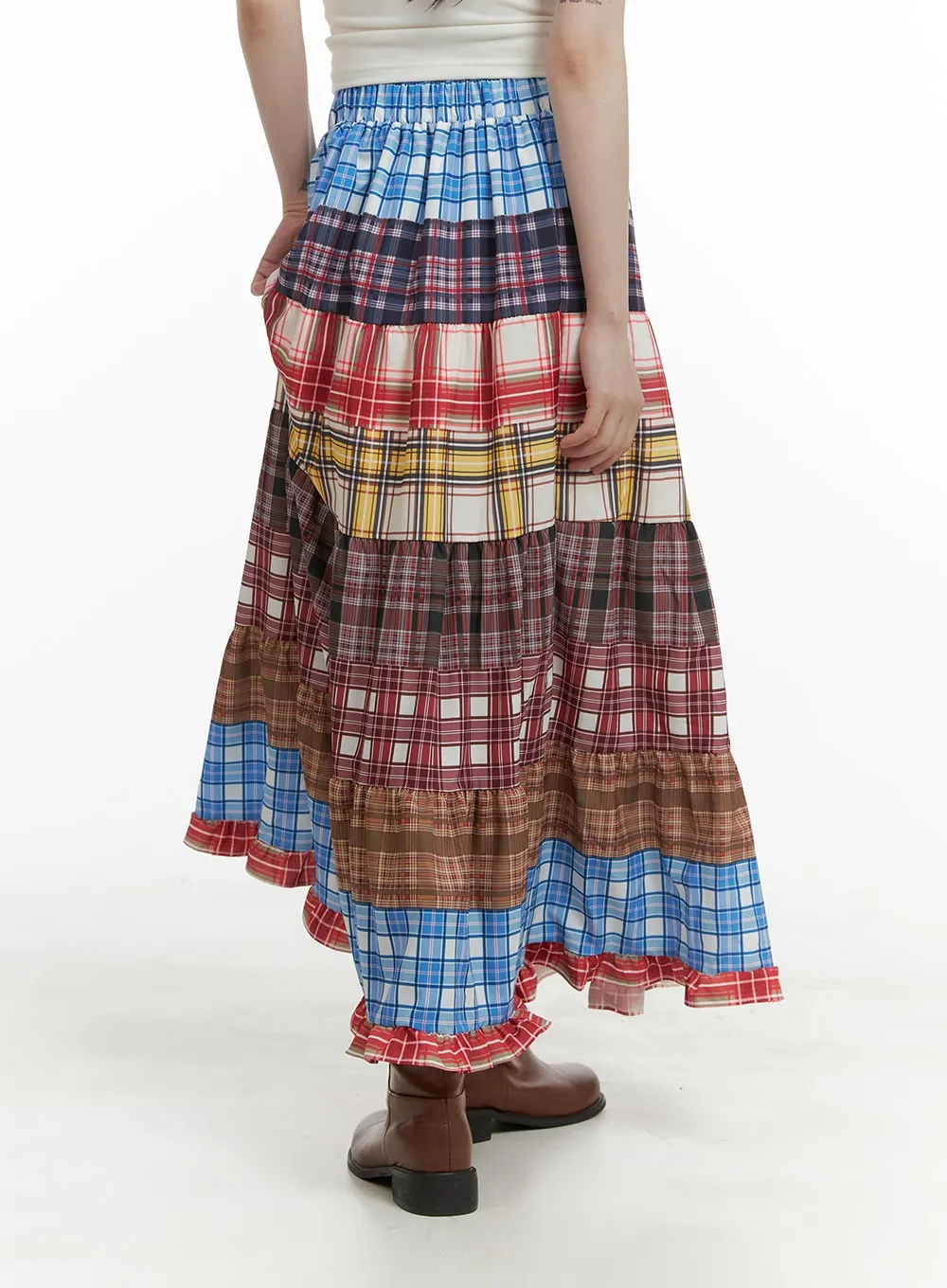 Checkered Ruffle Patchwork Maxi Skirt CA411