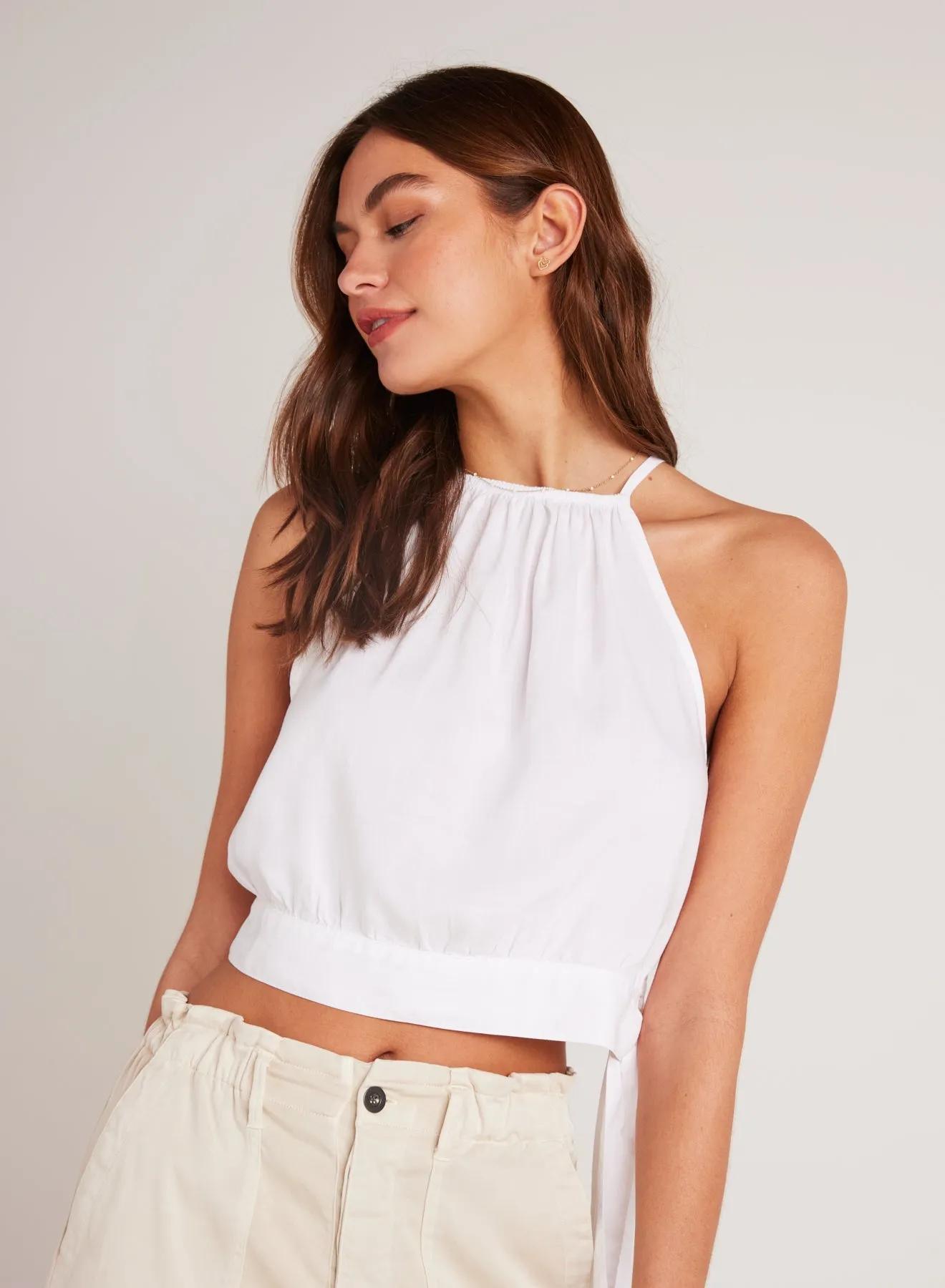 Cropped Side Tie Halter - White