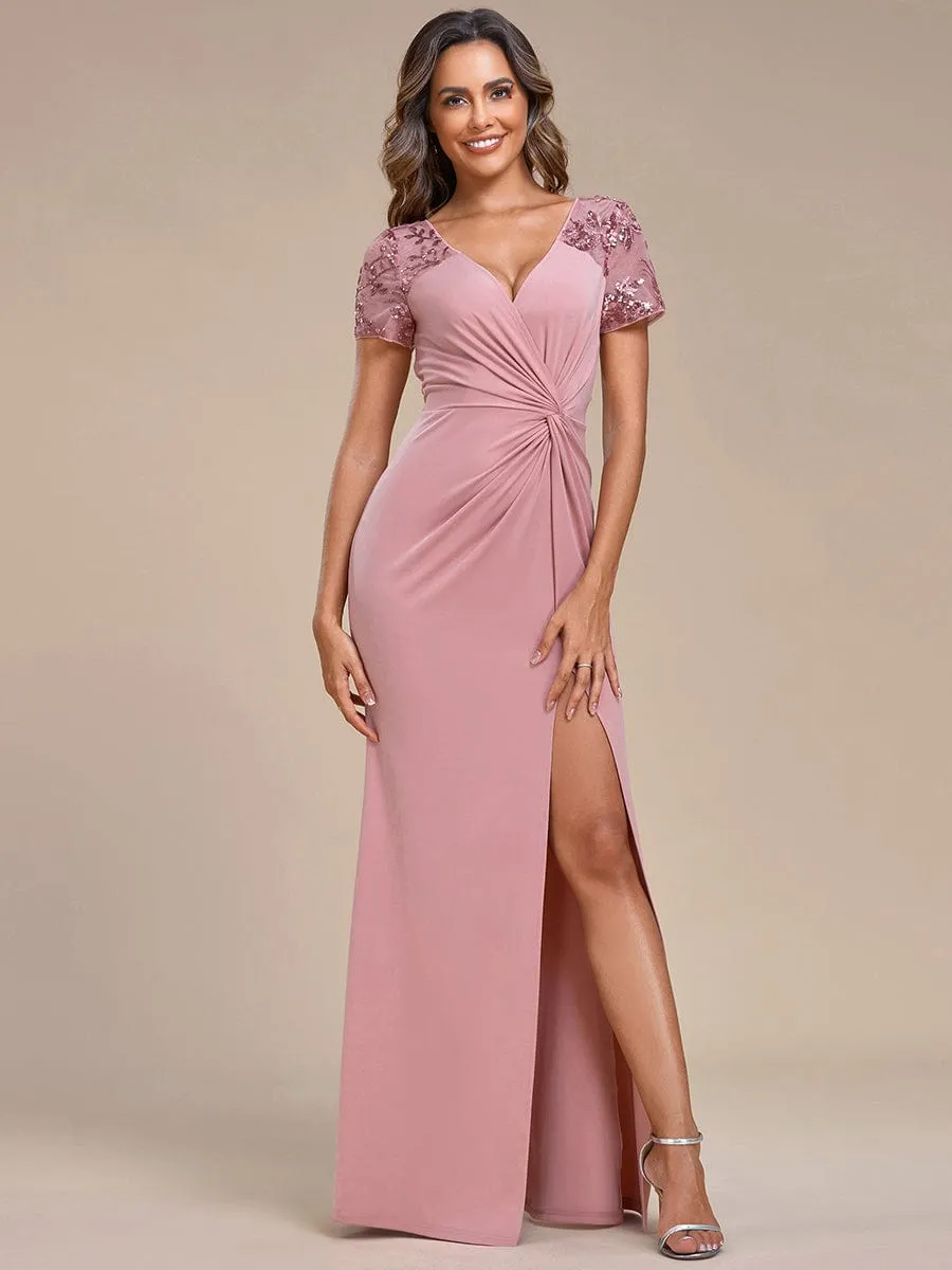 Deep V-Neck Sequin Short Sleeve High Side Front Slit Formal Evening Dresses