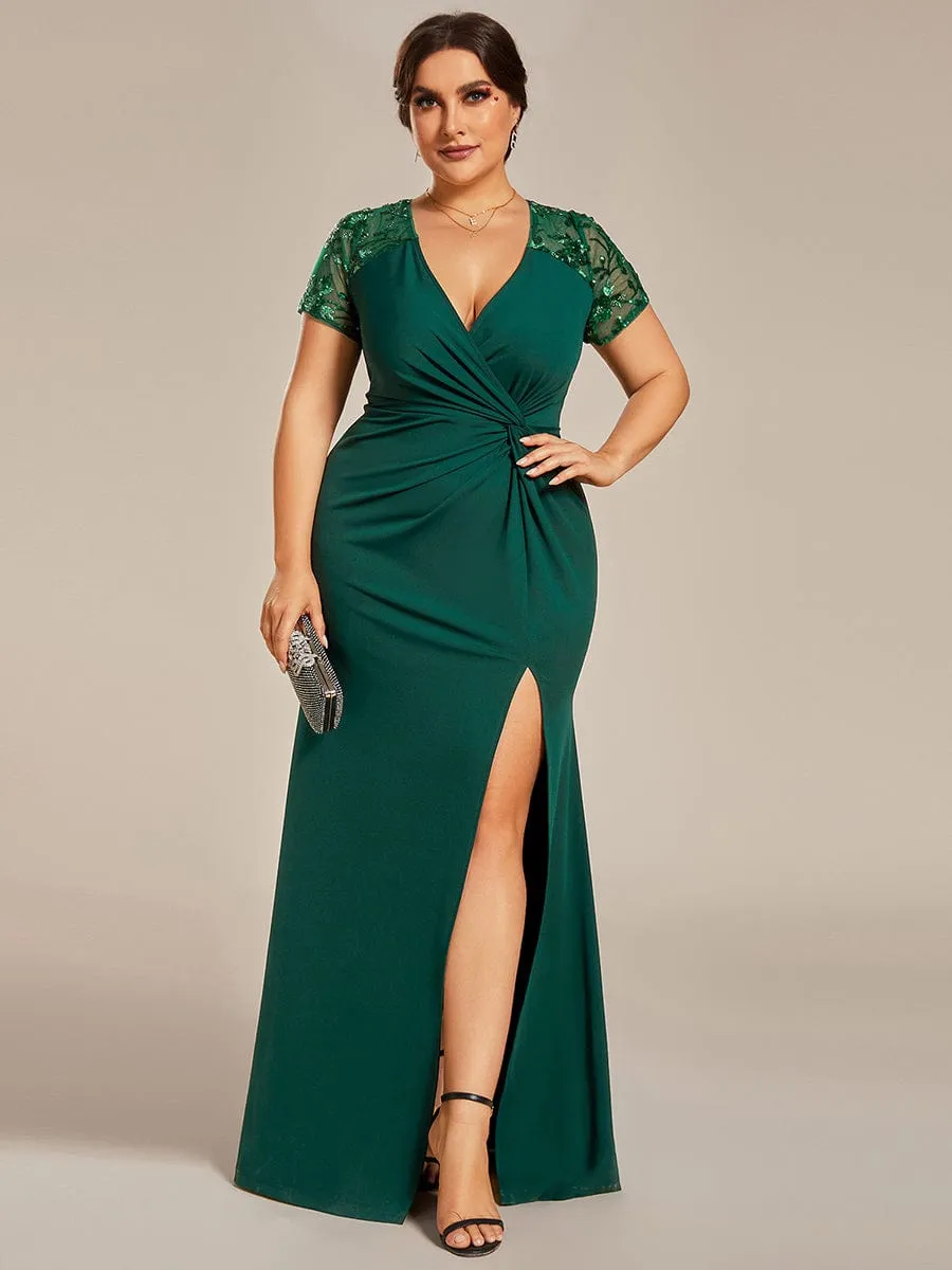 Deep V-Neck Sequin Short Sleeve High Side Front Slit Formal Evening Dresses