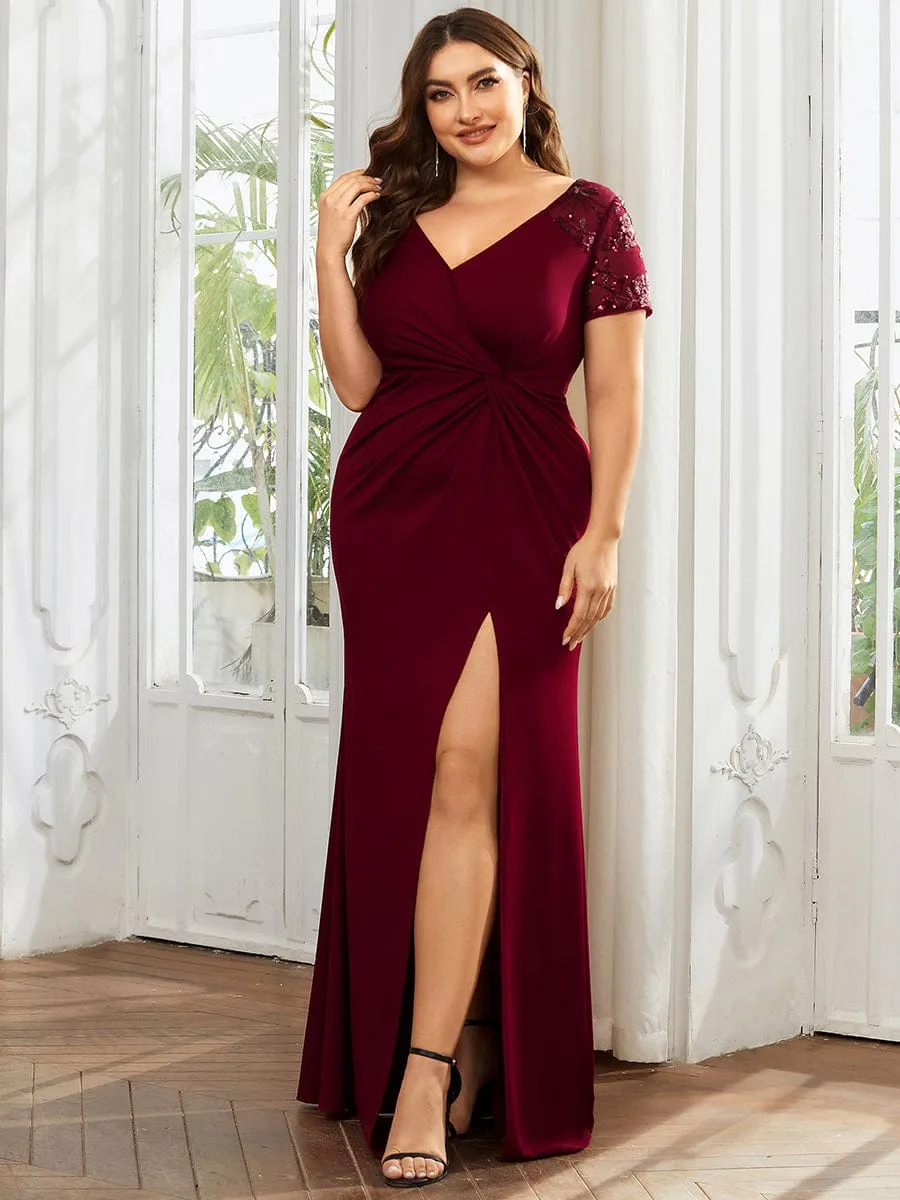 Deep V-Neck Sequin Short Sleeve High Side Front Slit Formal Evening Dresses