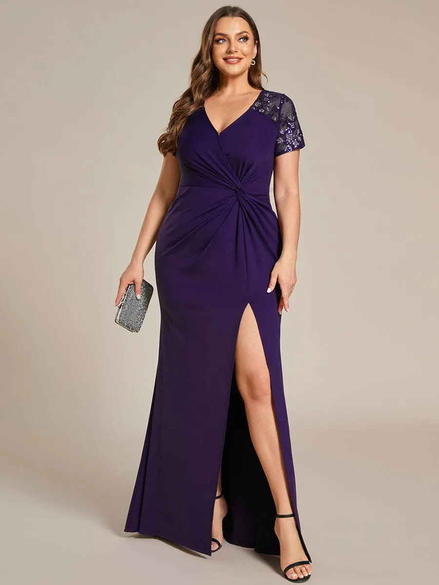 Deep V-Neck Sequin Short Sleeve High Side Front Slit Formal Evening Dresses