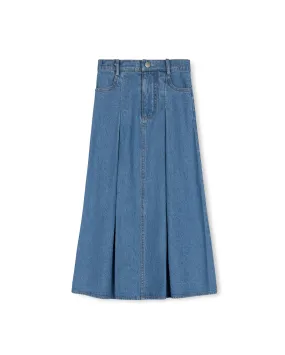 Denim Front Kick Pleat Maxi Skirt