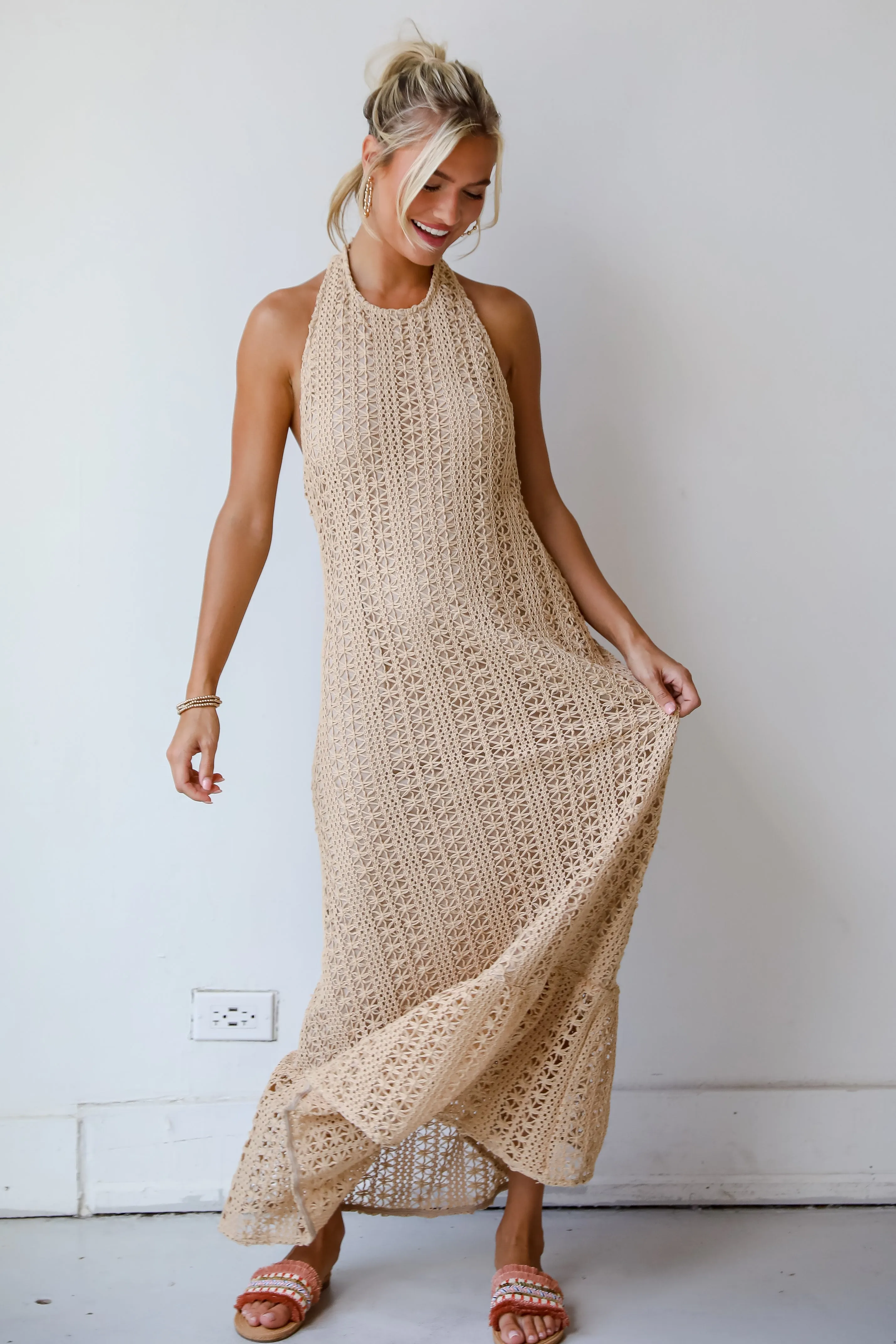 Divine Intentions Taupe Crochet Knit Halter Maxi Dress