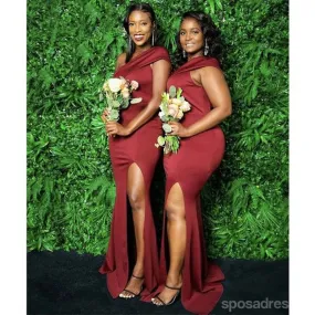 Dusty Red Mermaid One Shoulder Side Slit Cheap Long Bridesmaid Dresses,WG1555