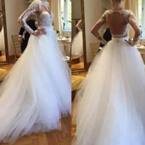 Elegant A-line Long Sleeve Lace Sweetheart Jewel Open Back Chapel Trailing Wedding Party Dresses, WD0065