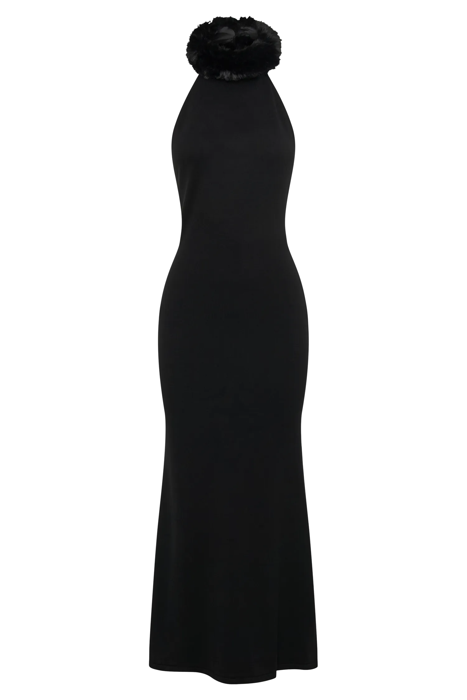 Elva Halter Knit Maxi Dress With Faux Fur - Black