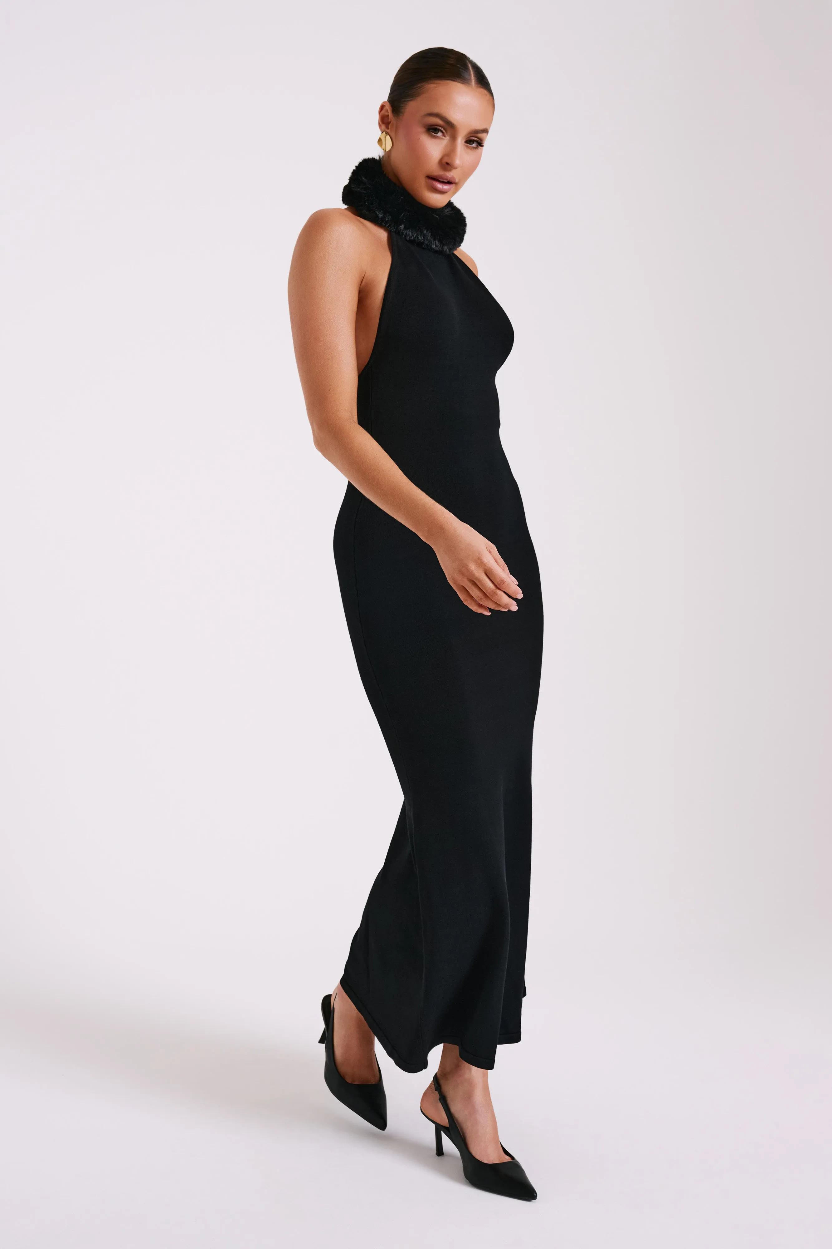 Elva Halter Knit Maxi Dress With Faux Fur - Black