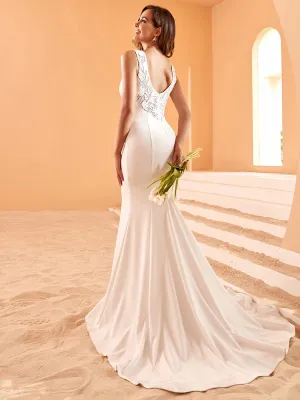 Embroidery Backless Mermaid Sleeveless Deep V-Neck Wedding Dress