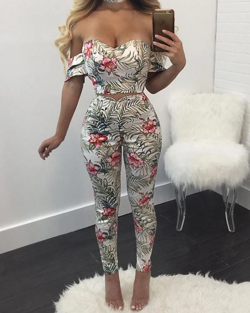 FITTED FLORAL STRAPLESS PANT SET