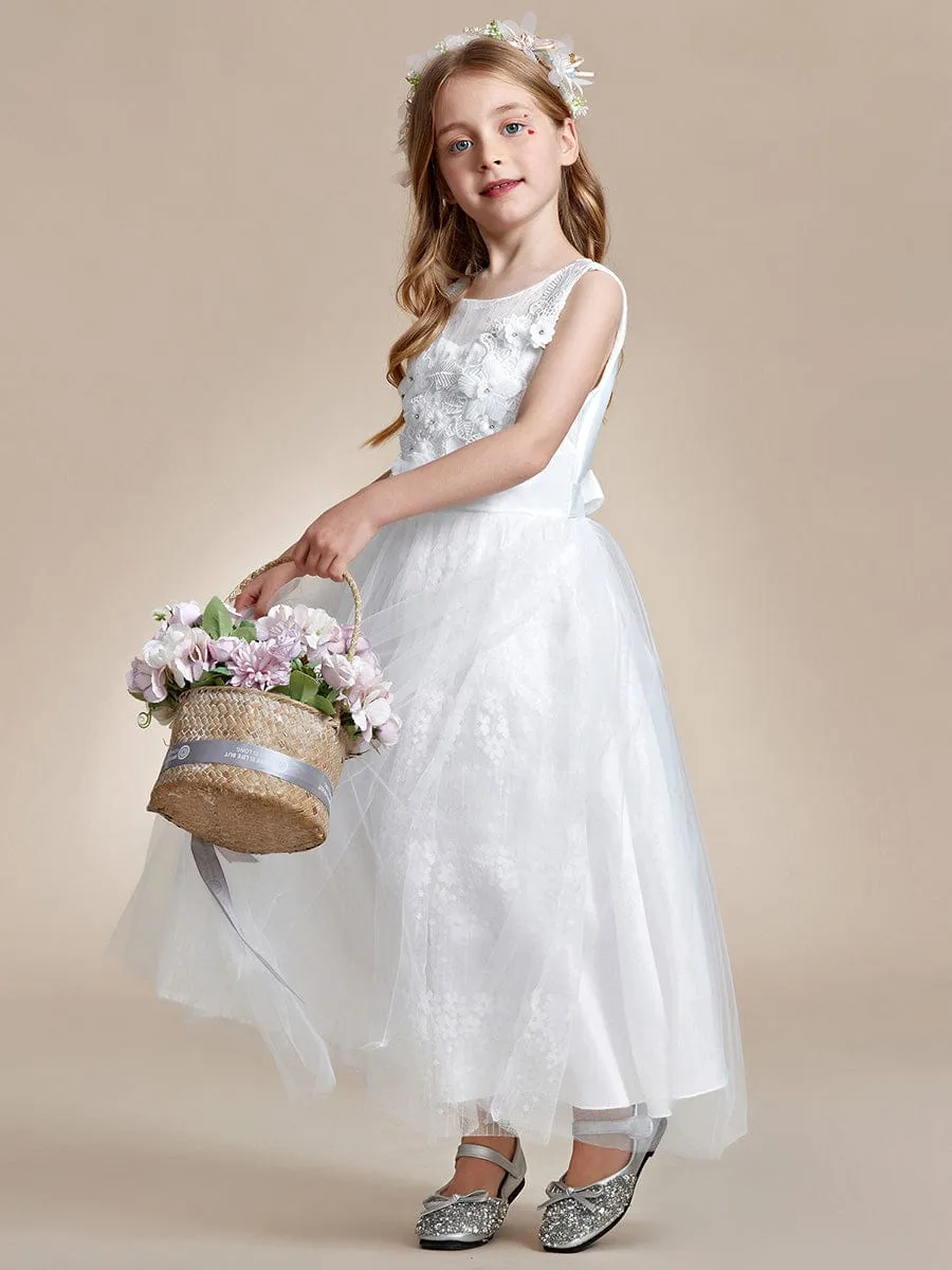 Floral Tulle Applique Princess Flower Girl Dress With Satin Back