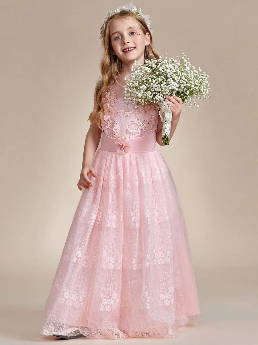 Floral Tulle Applique Princess Flower Girl Dress With Satin Back