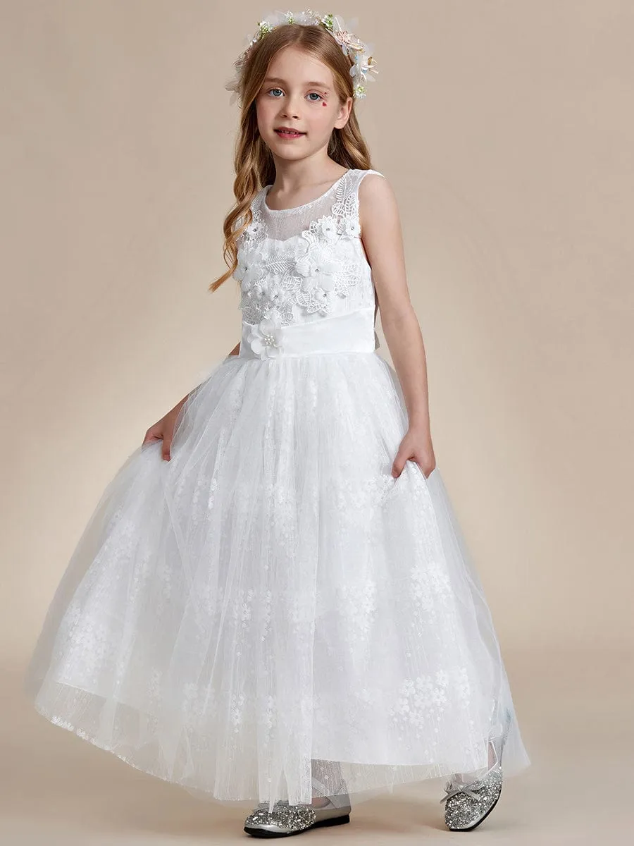 Floral Tulle Applique Princess Flower Girl Dress With Satin Back