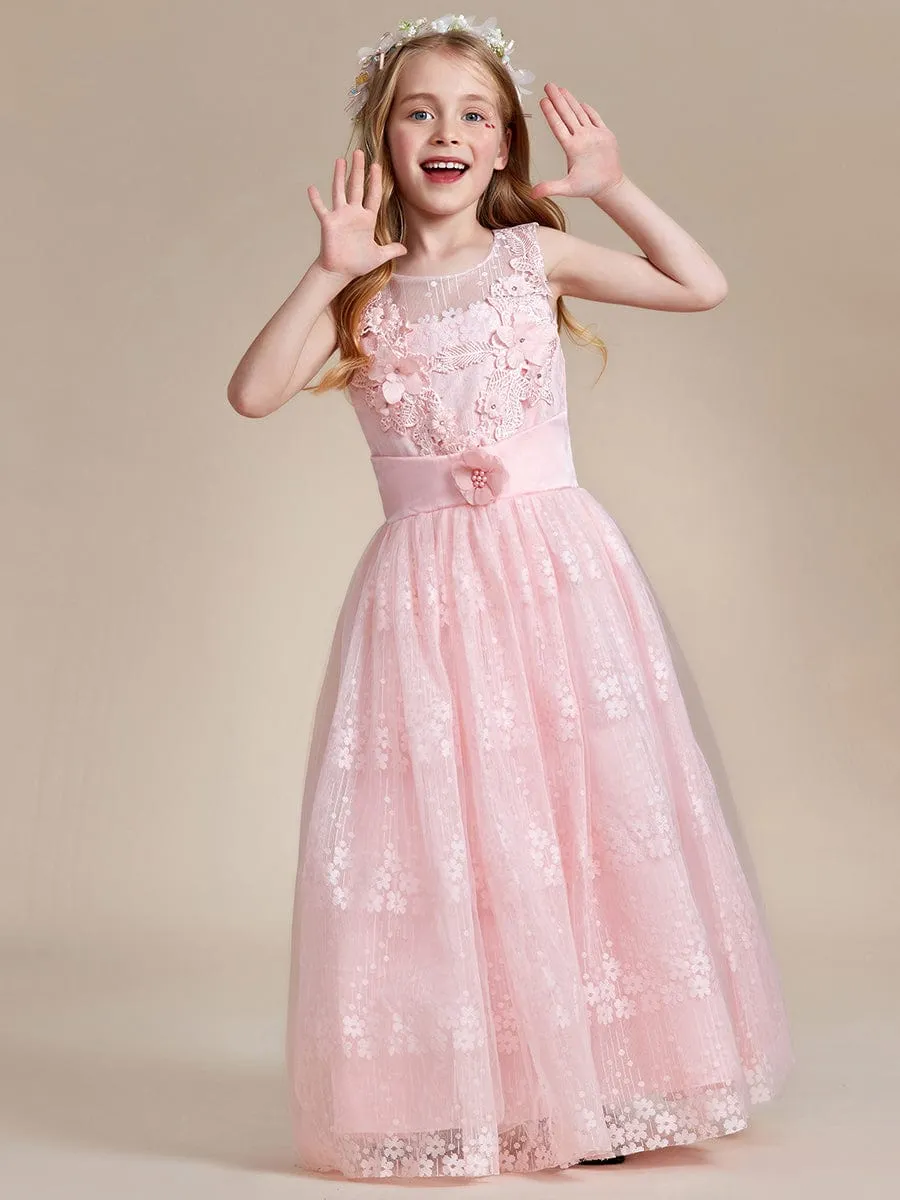 Floral Tulle Applique Princess Flower Girl Dress With Satin Back