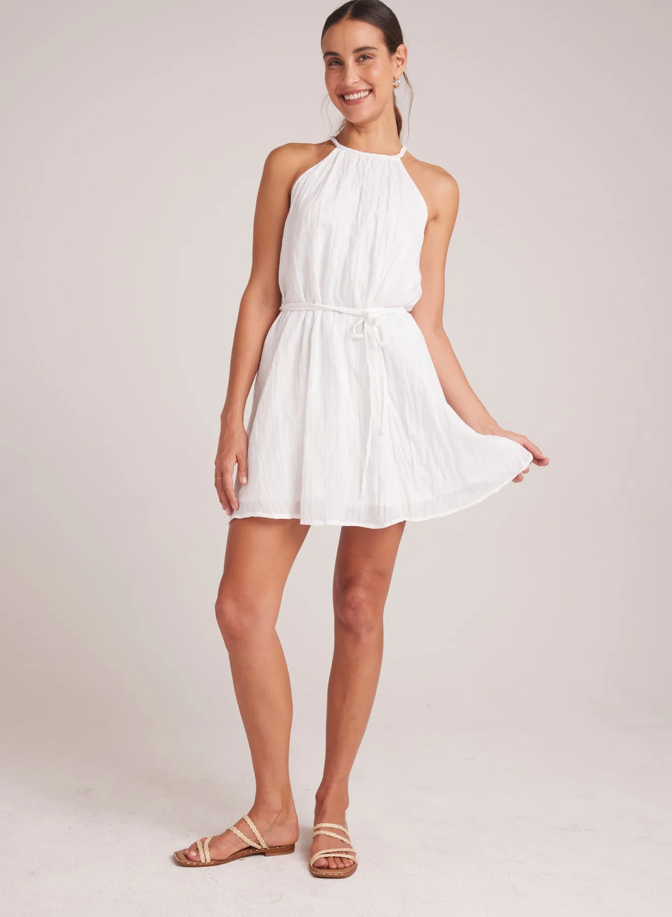 Gathered Halter Dress With Braided Belt - White