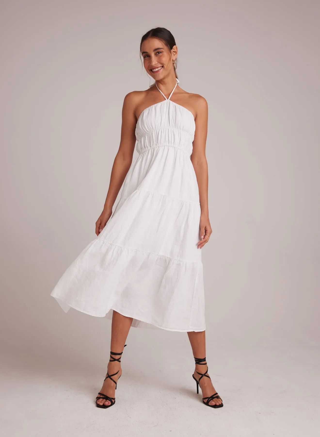 Gathered Halter Midi Dress - White