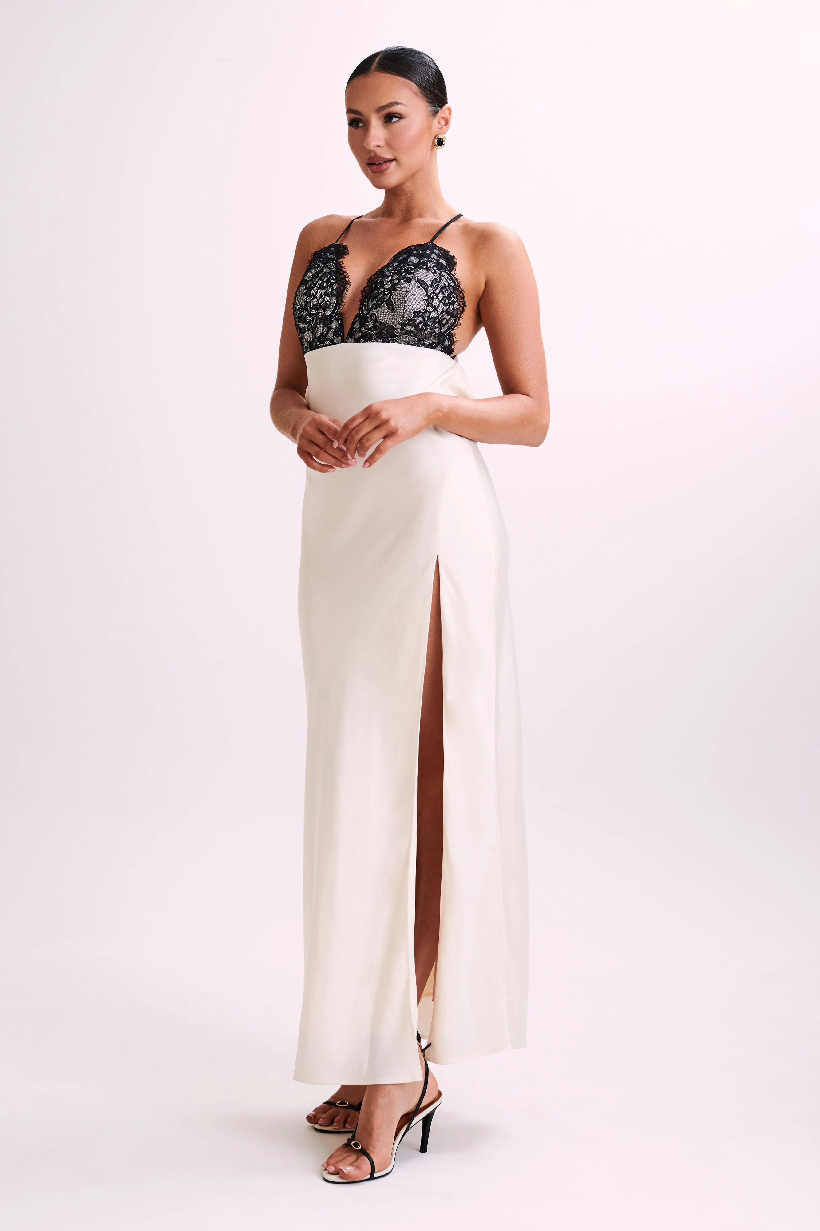 Gina Satin Slip Maxi Dress With Lace - Ivory