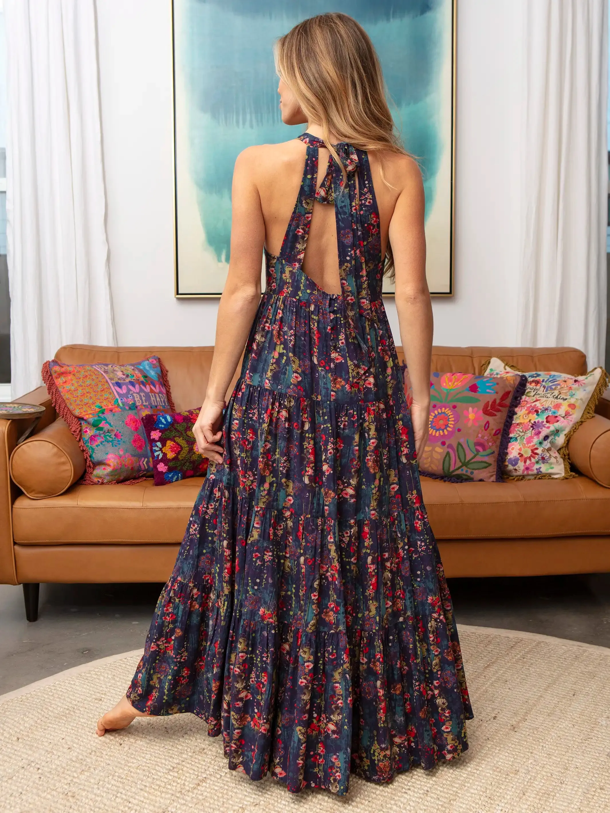 Halle Printed Halter Maxi Dress - Watercolor Floral