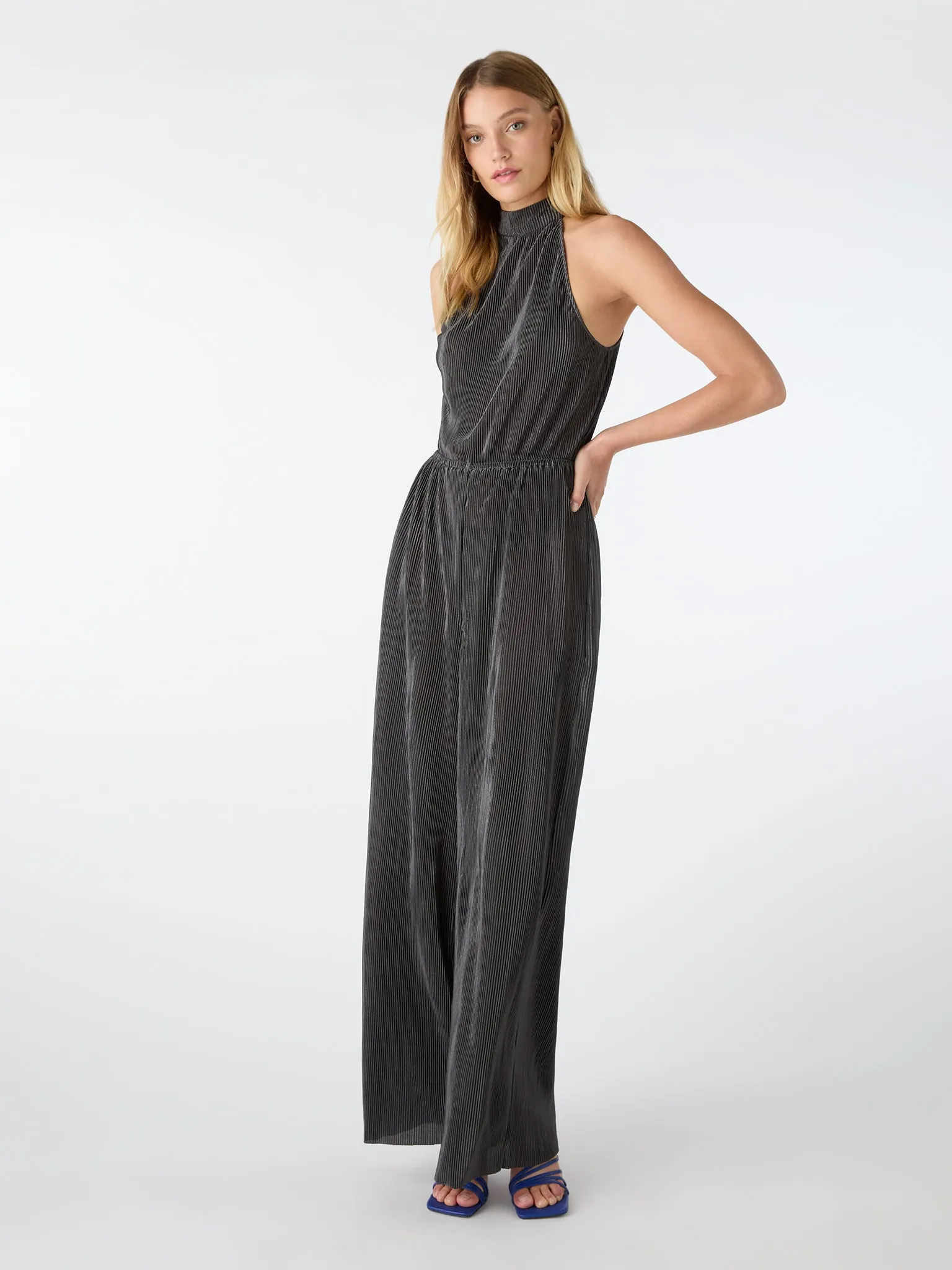 Hallie Halter Plisse Jumpsuit in Ash