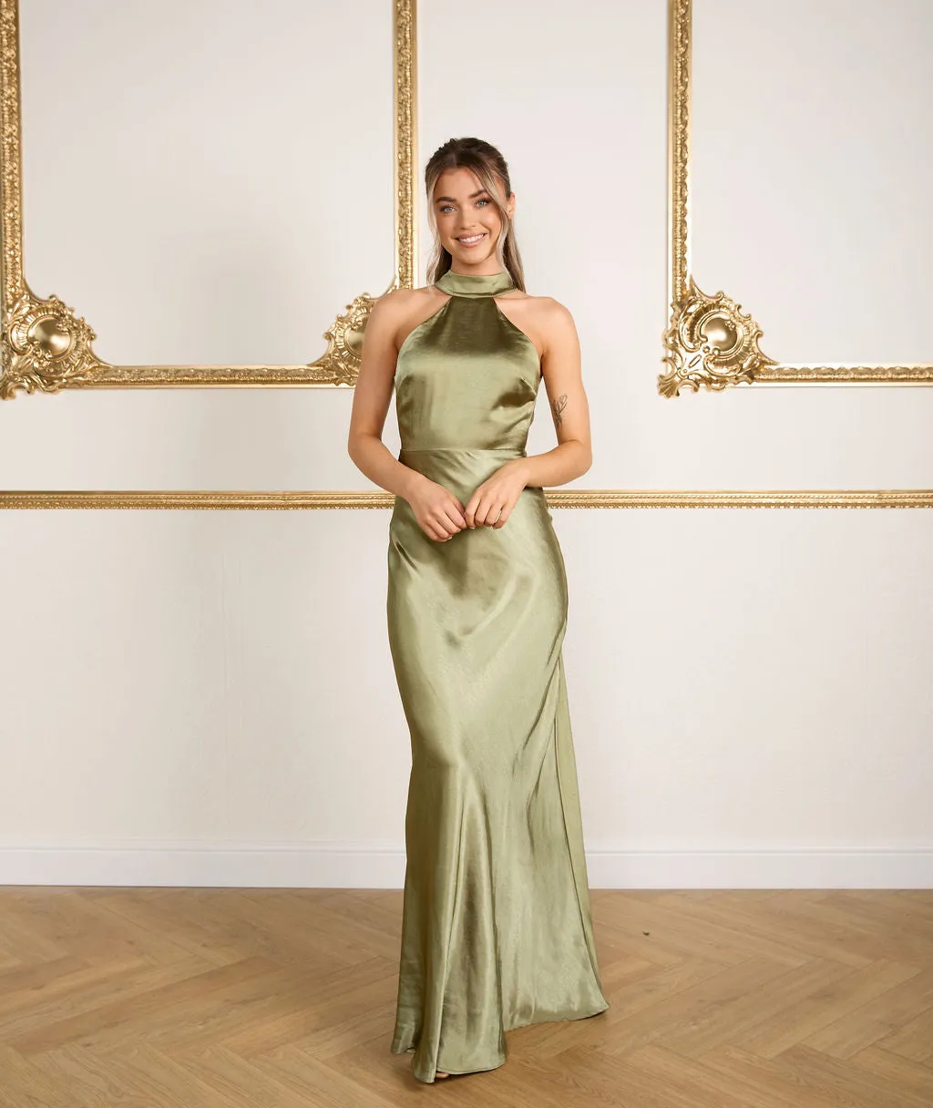 Halter Neck Satin Bridesmaid Dress - Moss Green