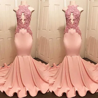 HALTER PINK LACE PROM PARTY GOWN PROM DRESS SA116