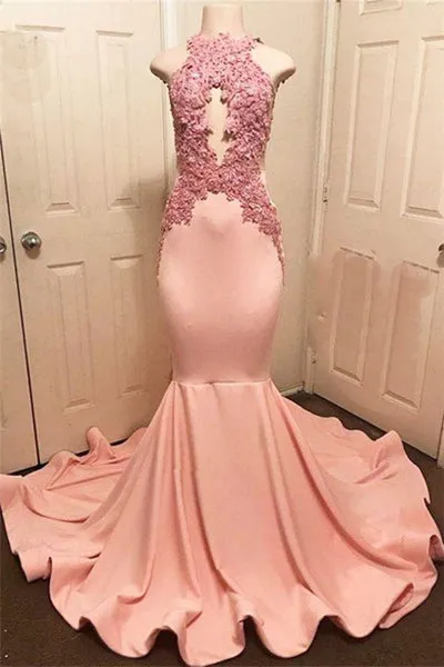 HALTER PINK LACE PROM PARTY GOWN PROM DRESS SA116