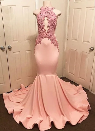 HALTER PINK LACE PROM PARTY GOWN PROM DRESS SA116