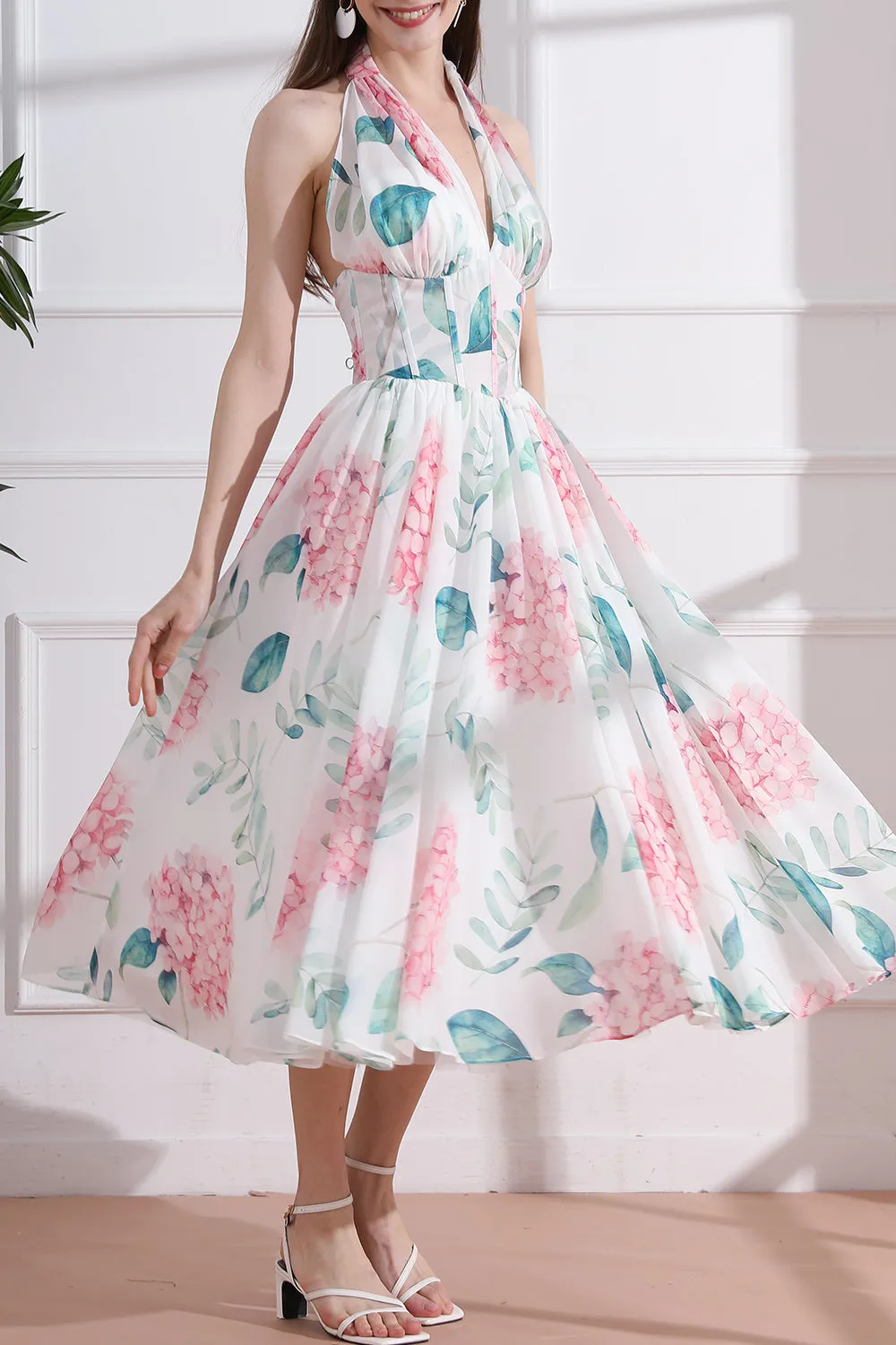 Halter V Neck Floral Chiffon Midi Dress