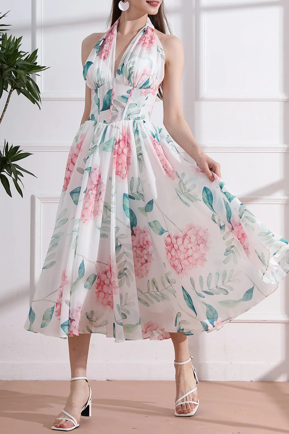 Halter V Neck Floral Chiffon Midi Dress