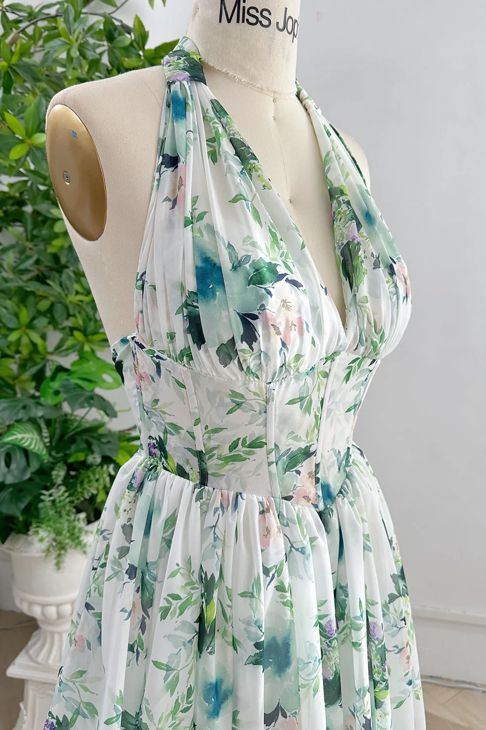 Halter V Neck Floral Chiffon Midi Dress