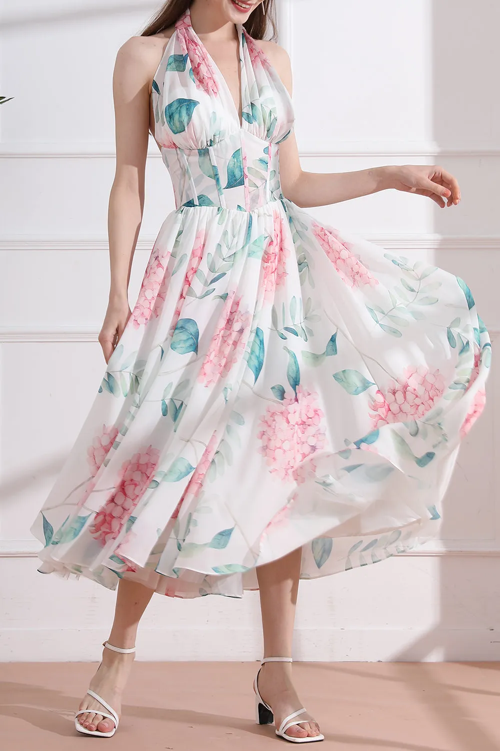 Halter V Neck Floral Chiffon Midi Dress