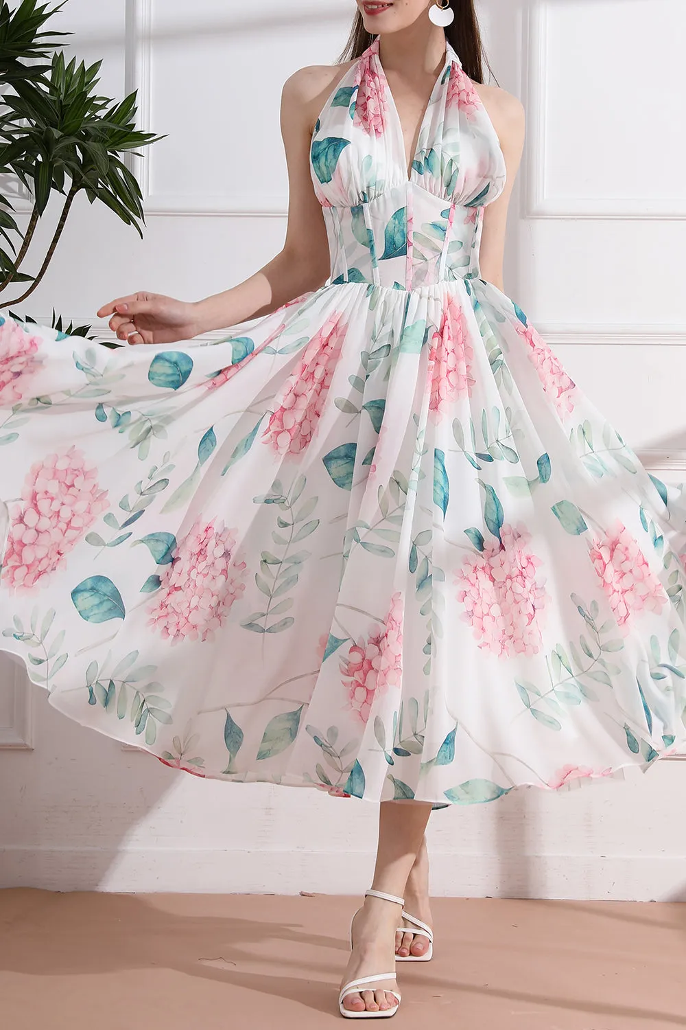 Halter V Neck Floral Chiffon Midi Dress