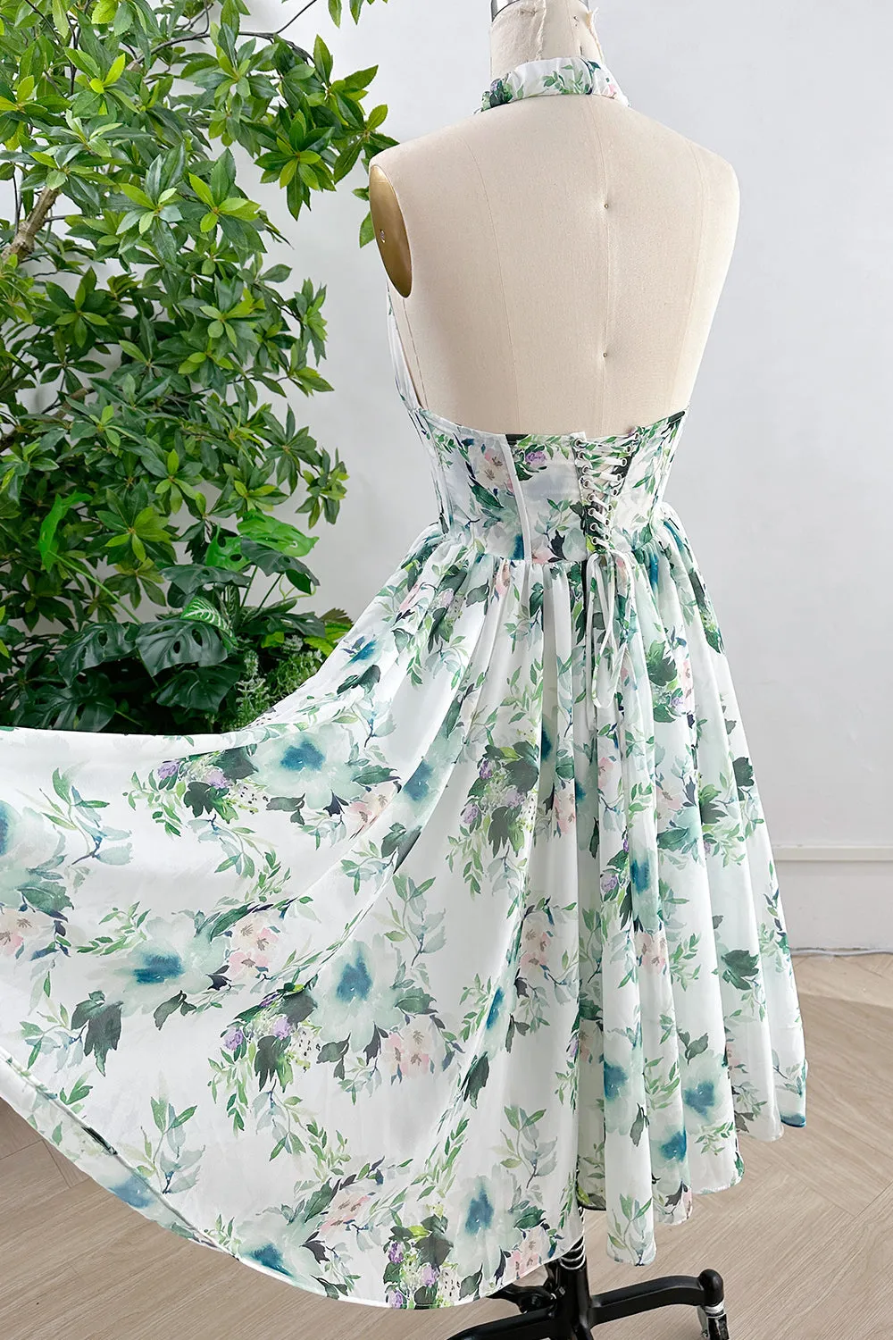 Halter V Neck Floral Chiffon Midi Dress