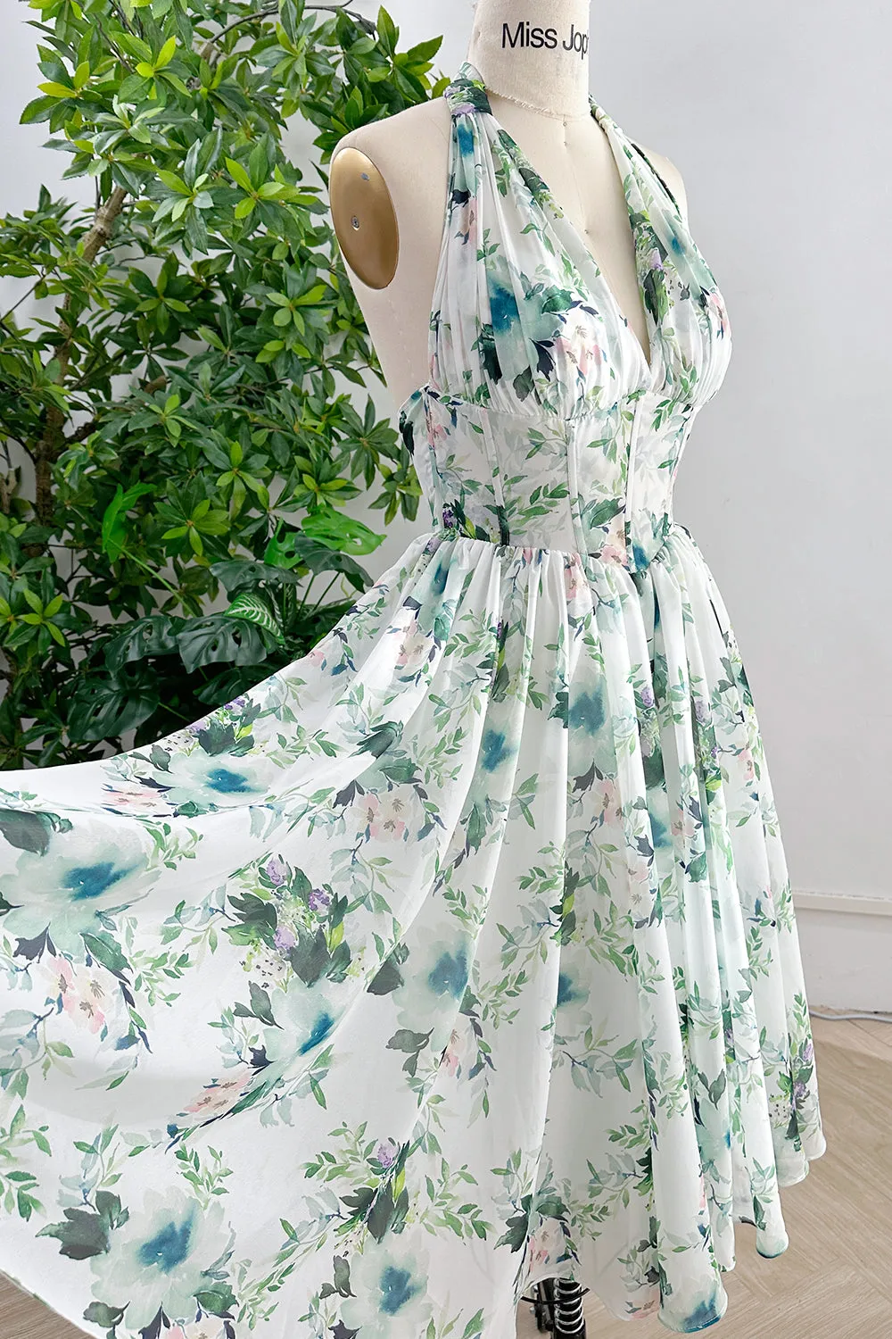 Halter V Neck Floral Chiffon Midi Dress